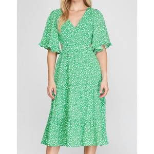 green emerald velvet dress She + Sky Full Size Button Front Frill Tiered Mini Dress Plus Size Green / S
